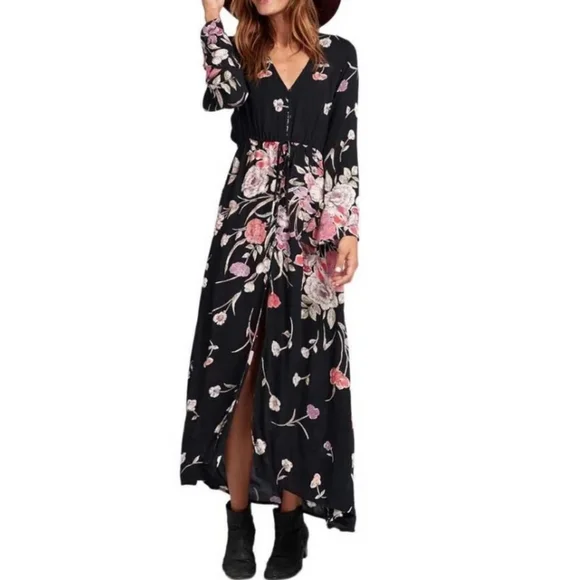 Billabong Desi Kimono Maxi Dress V Neck Button Front Floral Print Black Med NWT - Picture 6 of 16